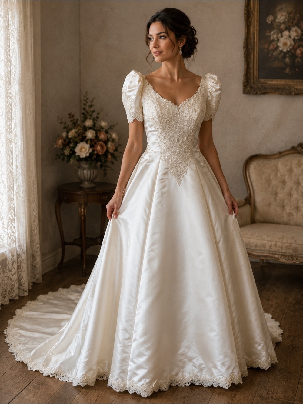 “F1” Vintage 1996 Satin Ball Gown Wedding Dress with Cathedral Train